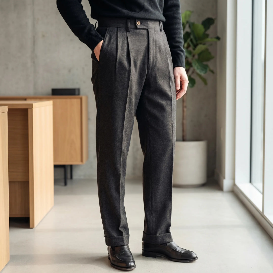 Men's High Waist Pleated Pants - Tailored Straight Leg Trousers