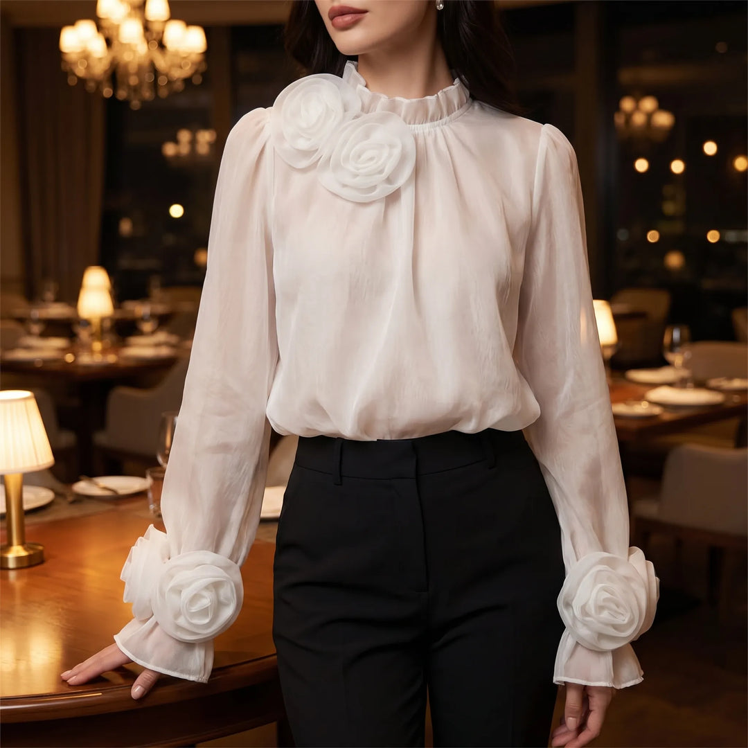 Women's 3D Rose Blouse - Sheer Long Sleeve with High Neck