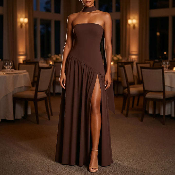 Women's Strapless Maxi Dress - High Slit with Choker Detail
