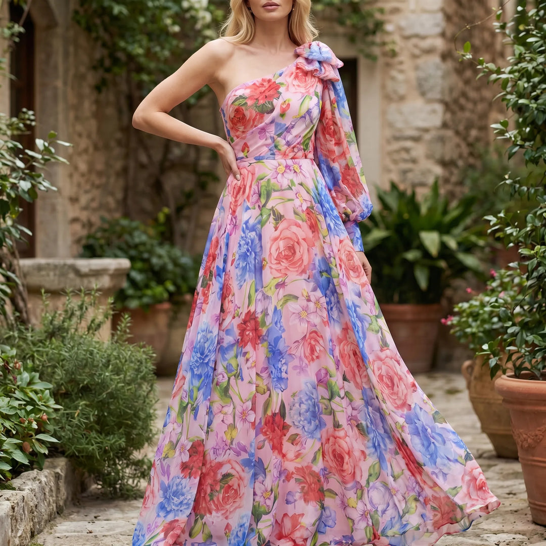 Women's One Shoulder Maxi Dress - Floral with High Slit