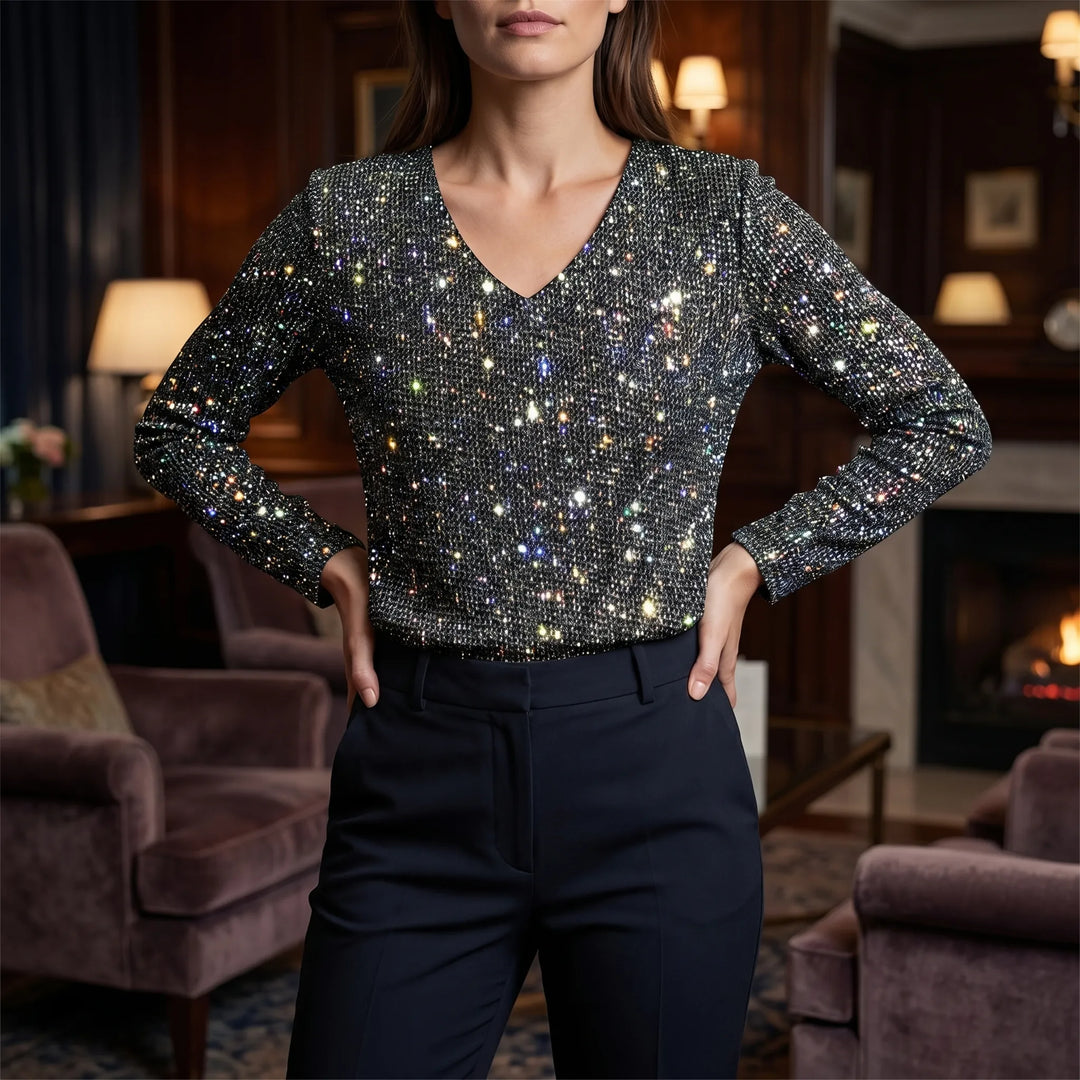 Women's Sparkle V Neck Top - Long Sleeve for Occasions