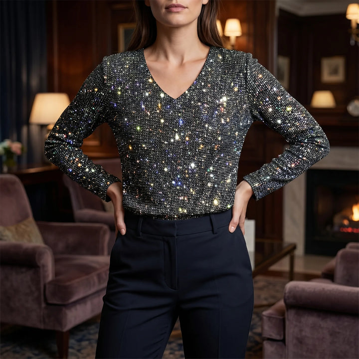 Women's Sparkle V Neck Top - Long Sleeve for Occasions