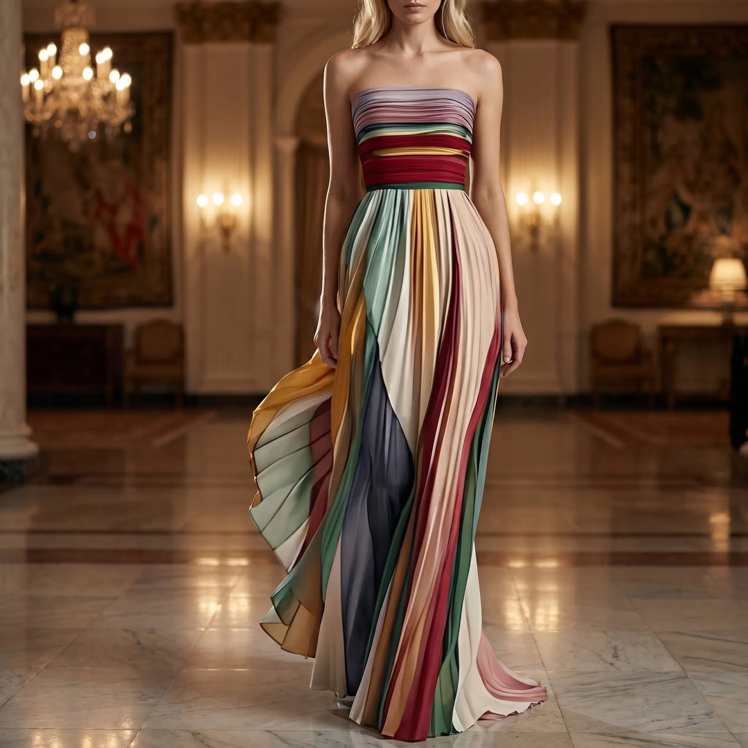 Women's Strapless Maxi Dress - Pleated Colorblock for Evening