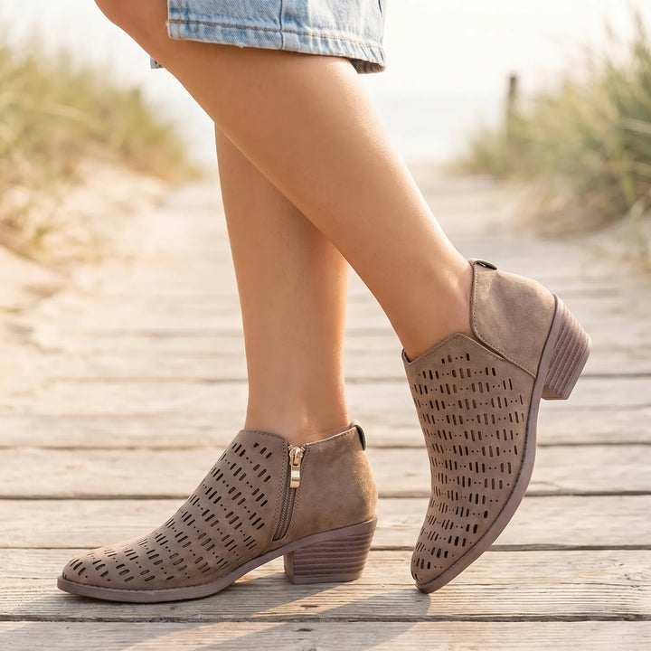 Women's Cutout Ankle Boots - Low Heel with Side Zip for Summer