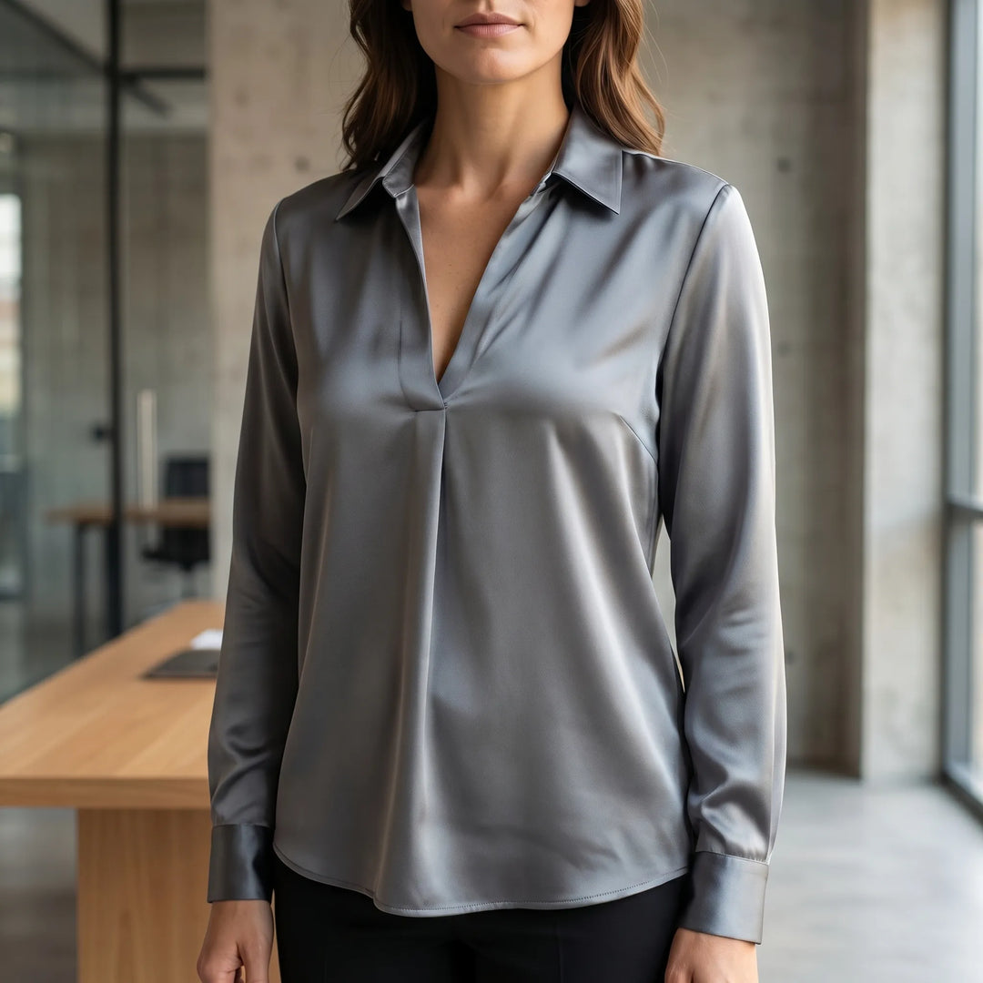 Women's Satin V Neck Blouse - Collared with Long Sleeve for Work