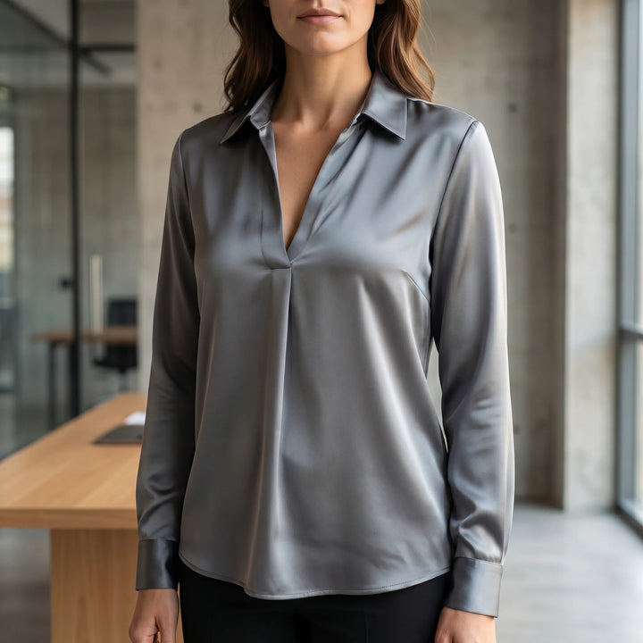 Women's Satin V Neck Blouse - Collared with Long Sleeve for Work