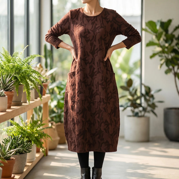 Women's Printed Midi Dress - Relaxed Fit with Long Sleeve