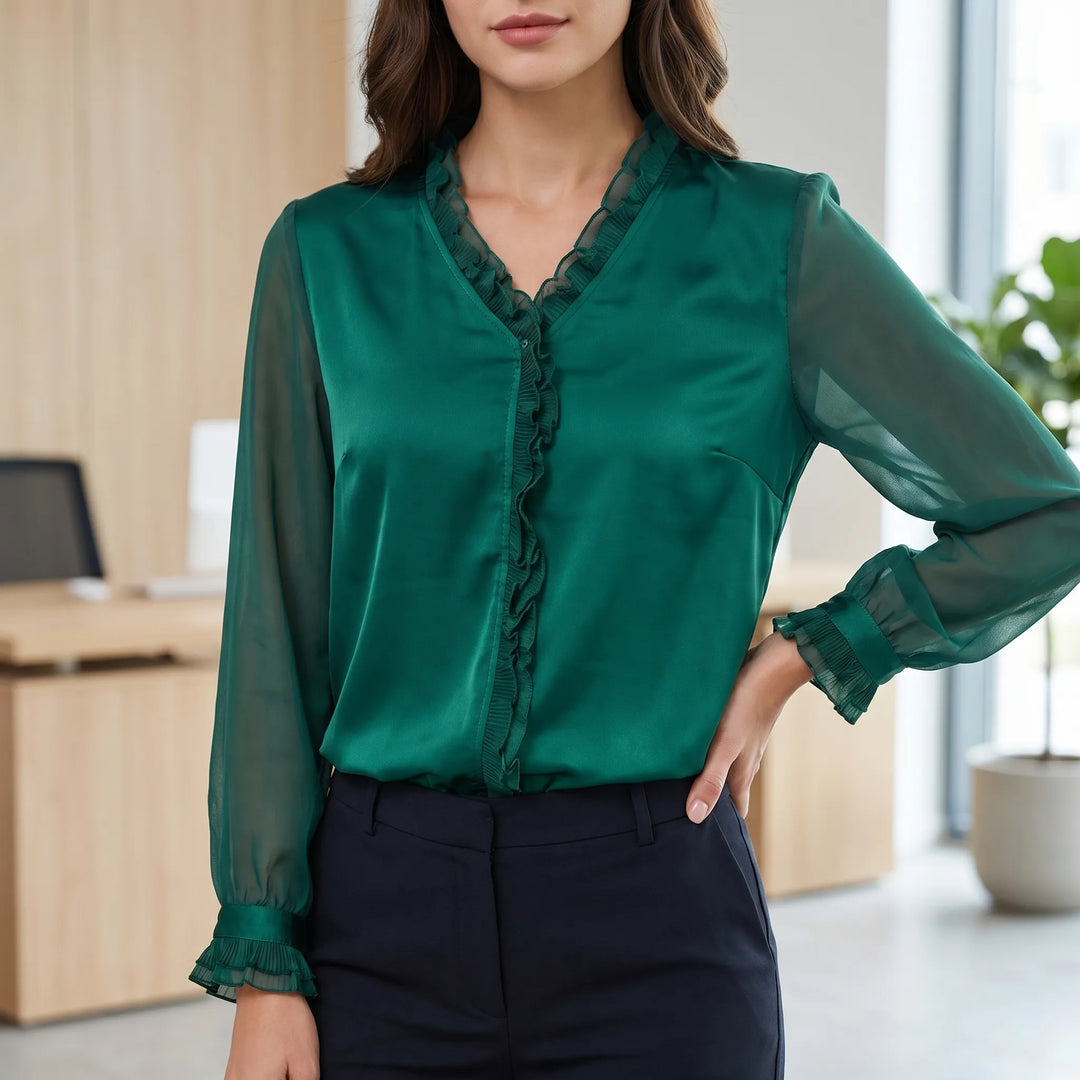 Women's Satin Ruffle Blouse - Elegant Sheer Long Sleeve Work Top