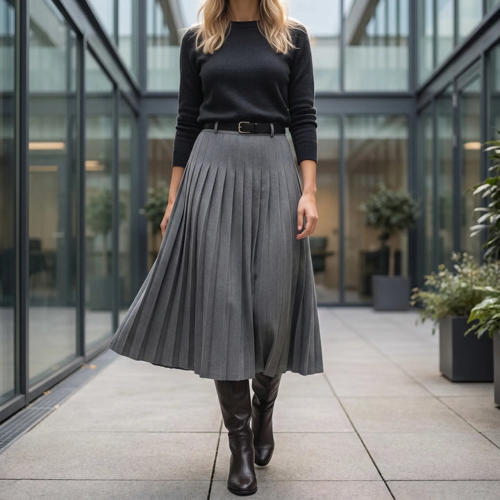 Women's Pleated Midi Skirt - High Waist with Belt for Work