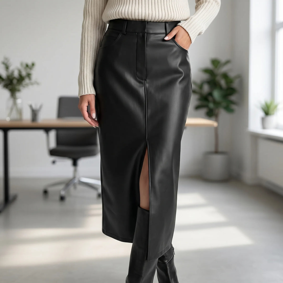 Women's Pencil Midi Skirt - High Waist with Slit for Work
