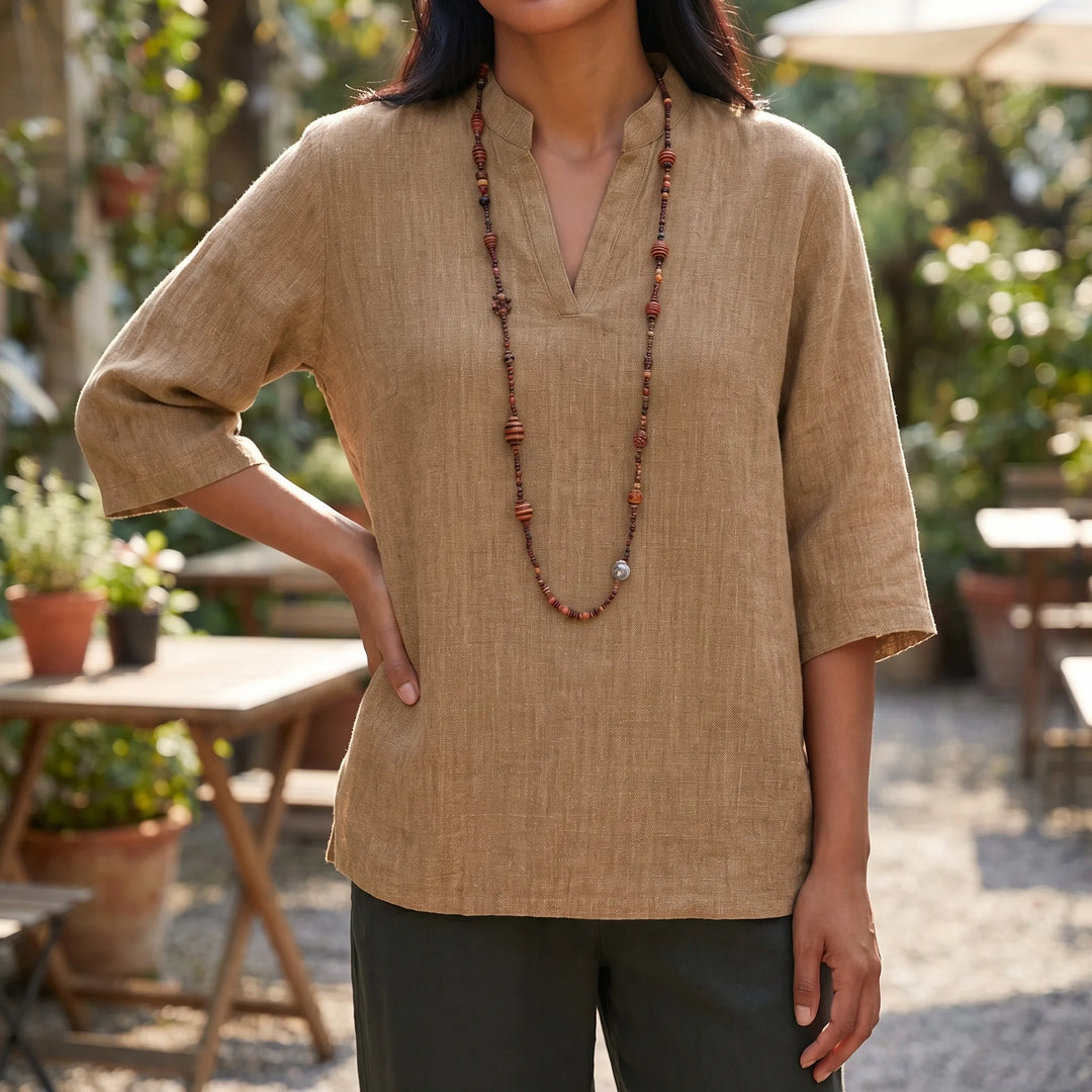 Women's Linen Tunic Top - Summer Casual V Neck Relaxed Fit