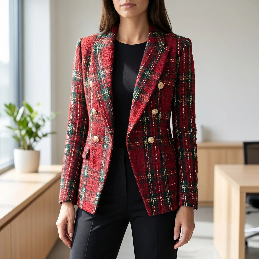 Women's Plaid Blazer Jacket - Double Breasted Tailored Fit