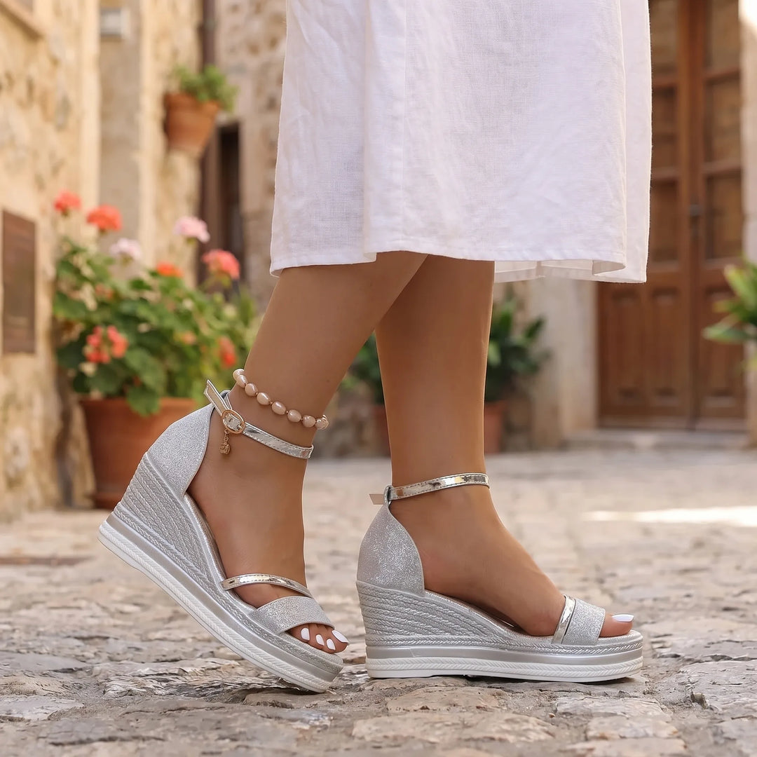 Women's Wedge Espadrille Sandals - Open Toe with Ankle Strap