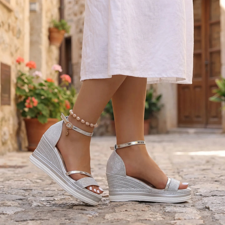 Women's Wedge Espadrille Sandals - Open Toe with Ankle Strap