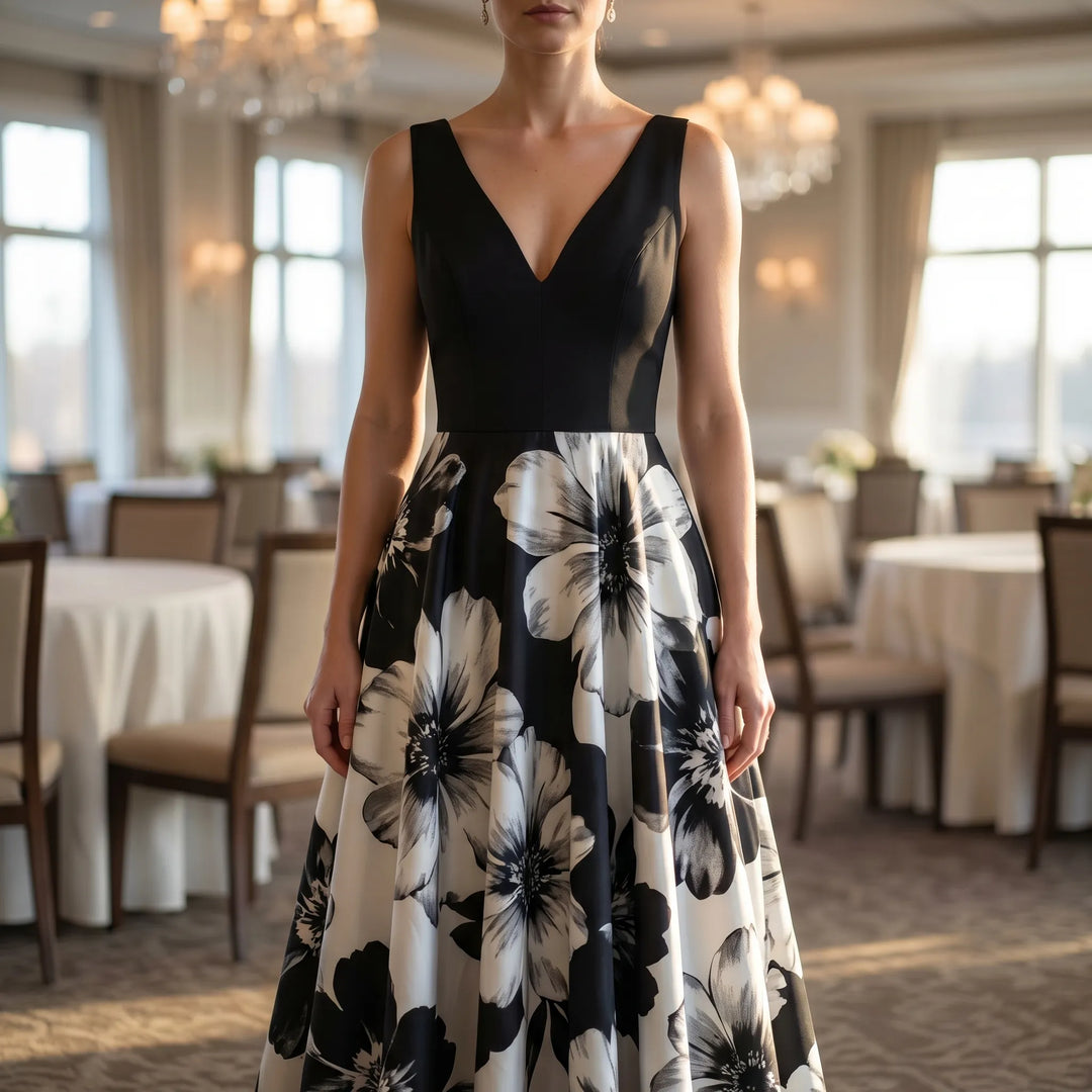Women's Pleated Midi Dress - V Neck with Contrast Waist