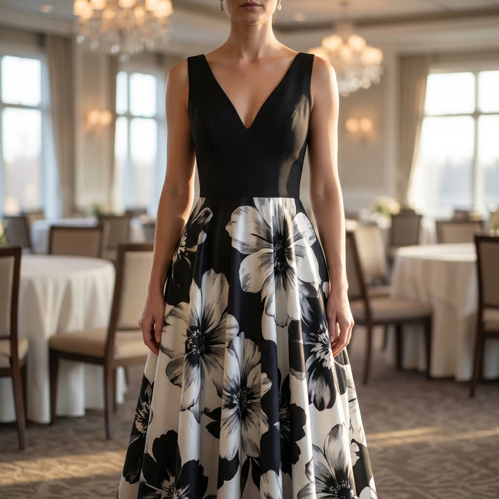 Women's Pleated Midi Dress - V Neck with Contrast Waist