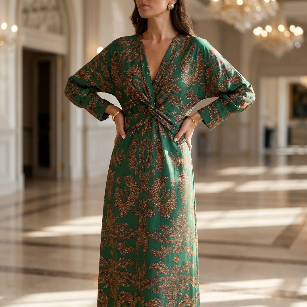 Women's Printed Maxi Dress - V Neck with Twist Waist