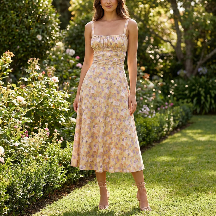 Women's Floral Corset Midi Dress - Summer Sundress with Slit