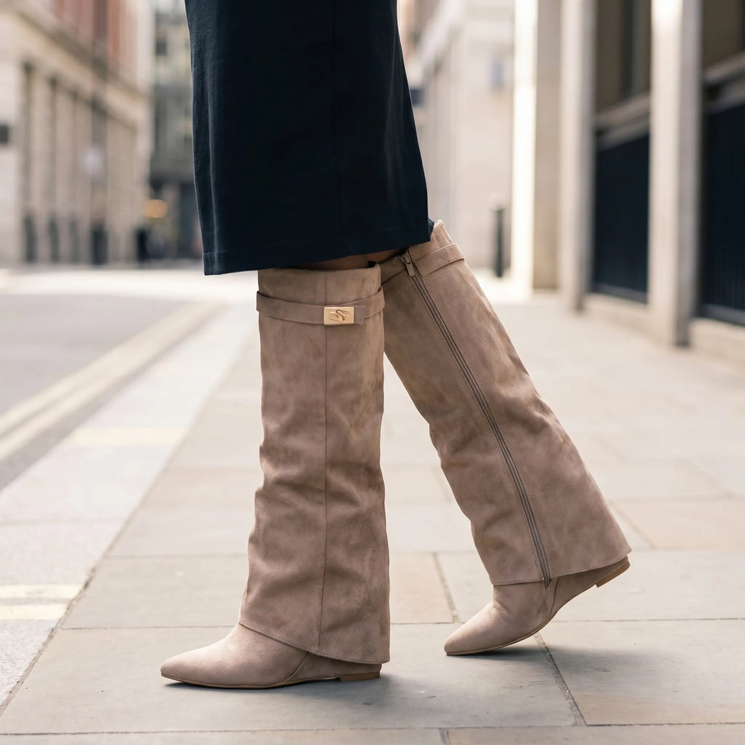 Women's Knee High Boots - Fold Over Cuff with Pointed Toe