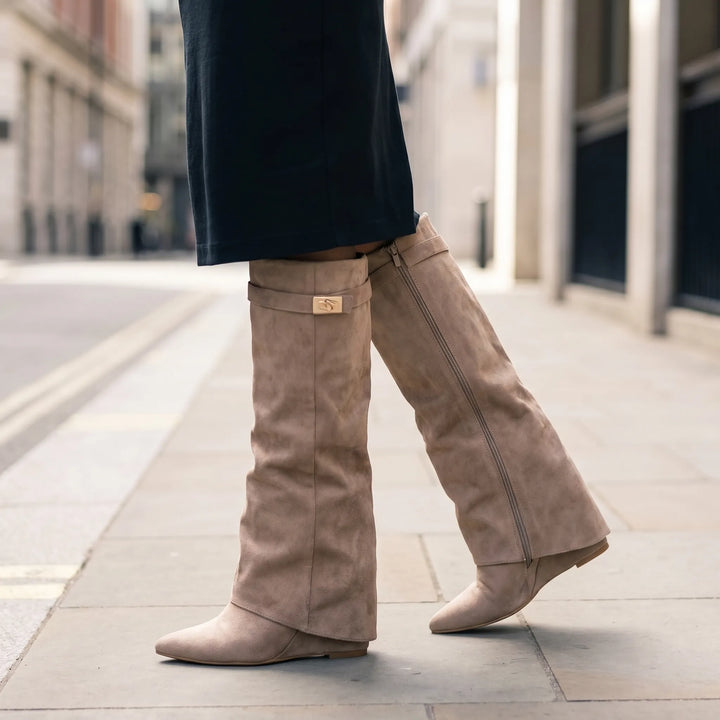Women's Knee High Boots - Fold Over Cuff with Pointed Toe