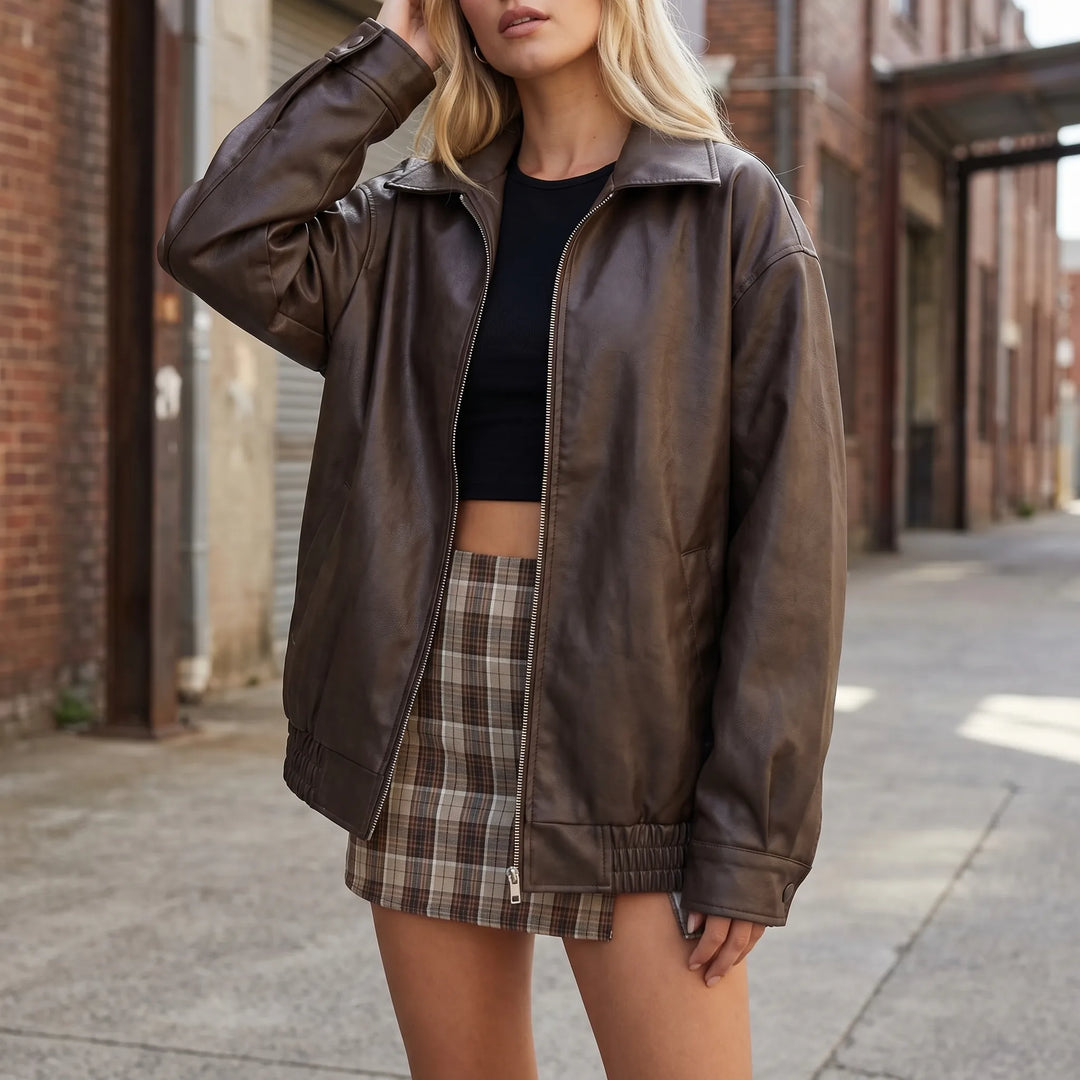 Women's Leather Bomber Jacket - Oversized with Zip Up