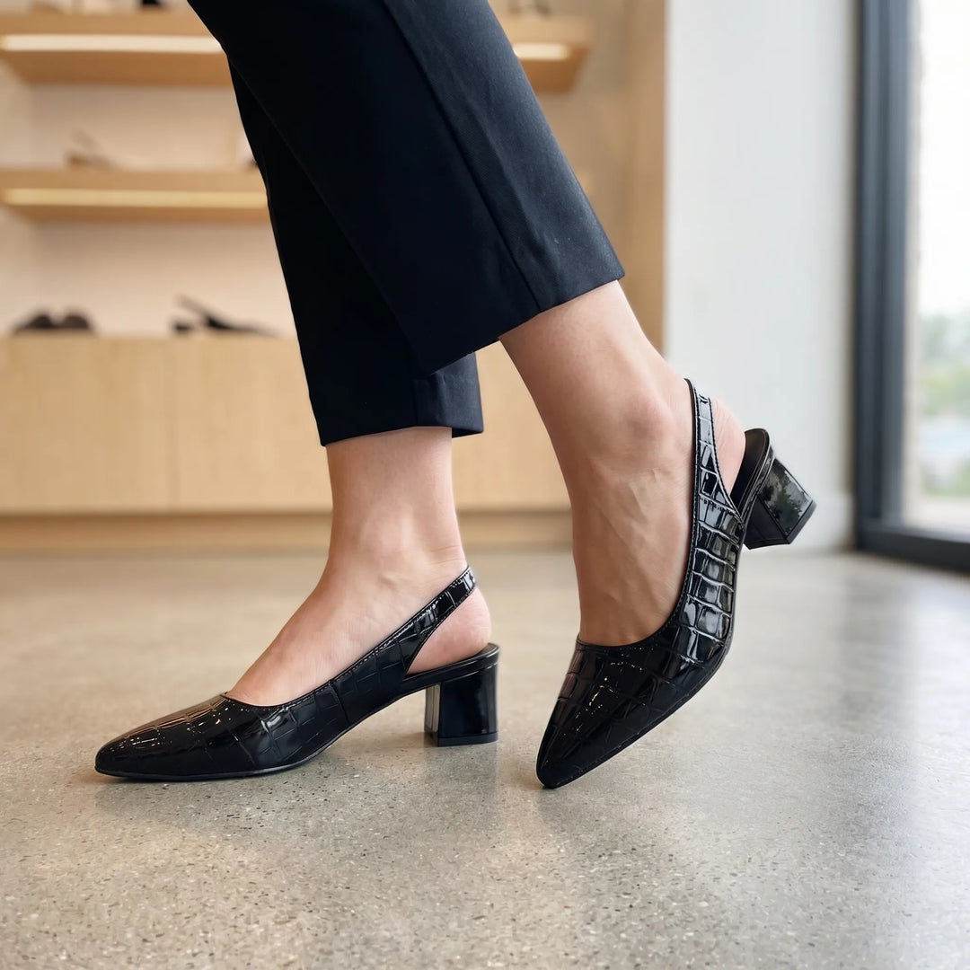 Women's Slingback Block Heels - Pointed Toe with Embossed Detail