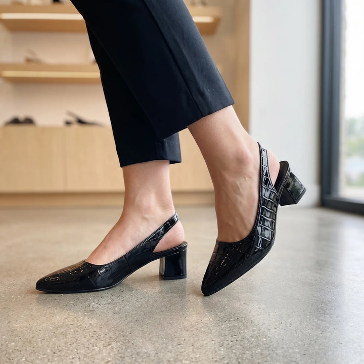 Women's Slingback Block Heels - Pointed Toe with Embossed Detail