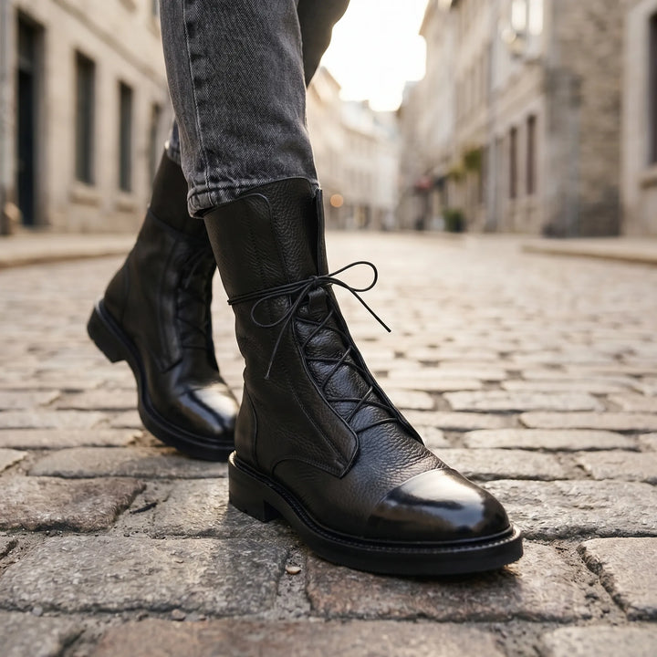 Women's Leather Ankle Boots - Lace Up with Pointed Toe