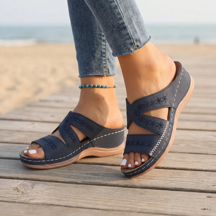 Women's Wedge Slide Sandals - Open Toe with Cutout Straps