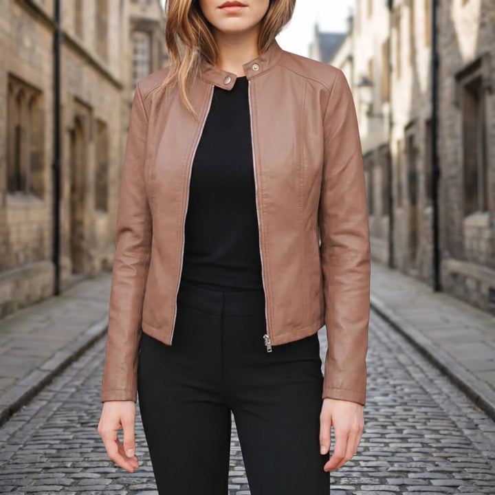 Women's Slim Fit Biker Jacket - Zip Up with Stand Collar