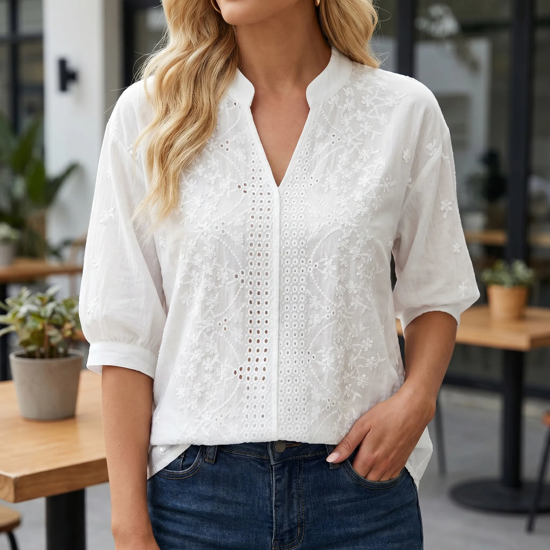Women's Summer V Neck Blouse - Embroidered Eyelet Puff Sleeve Top