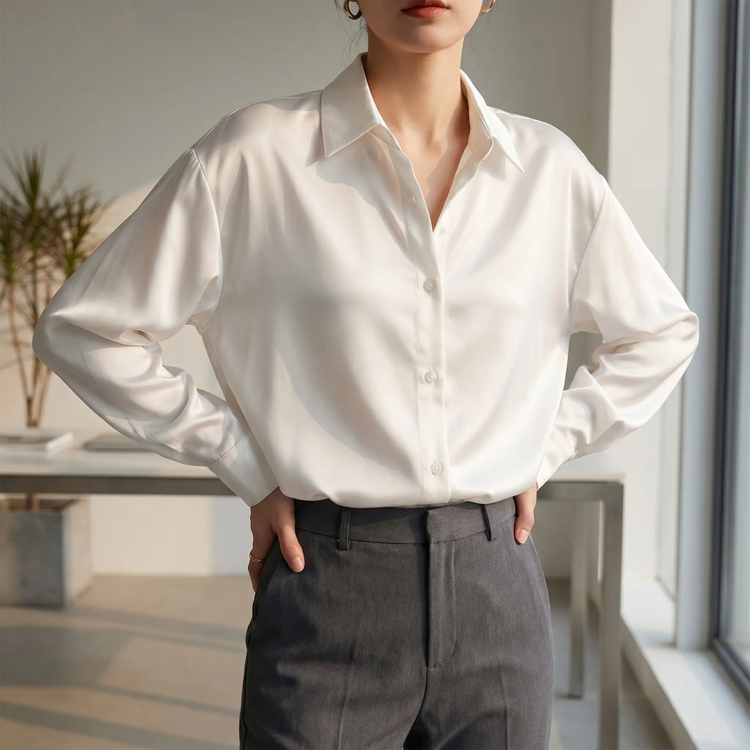 Women's Satin Button Down Blouse - Elegant Long Sleeve Work Shirt