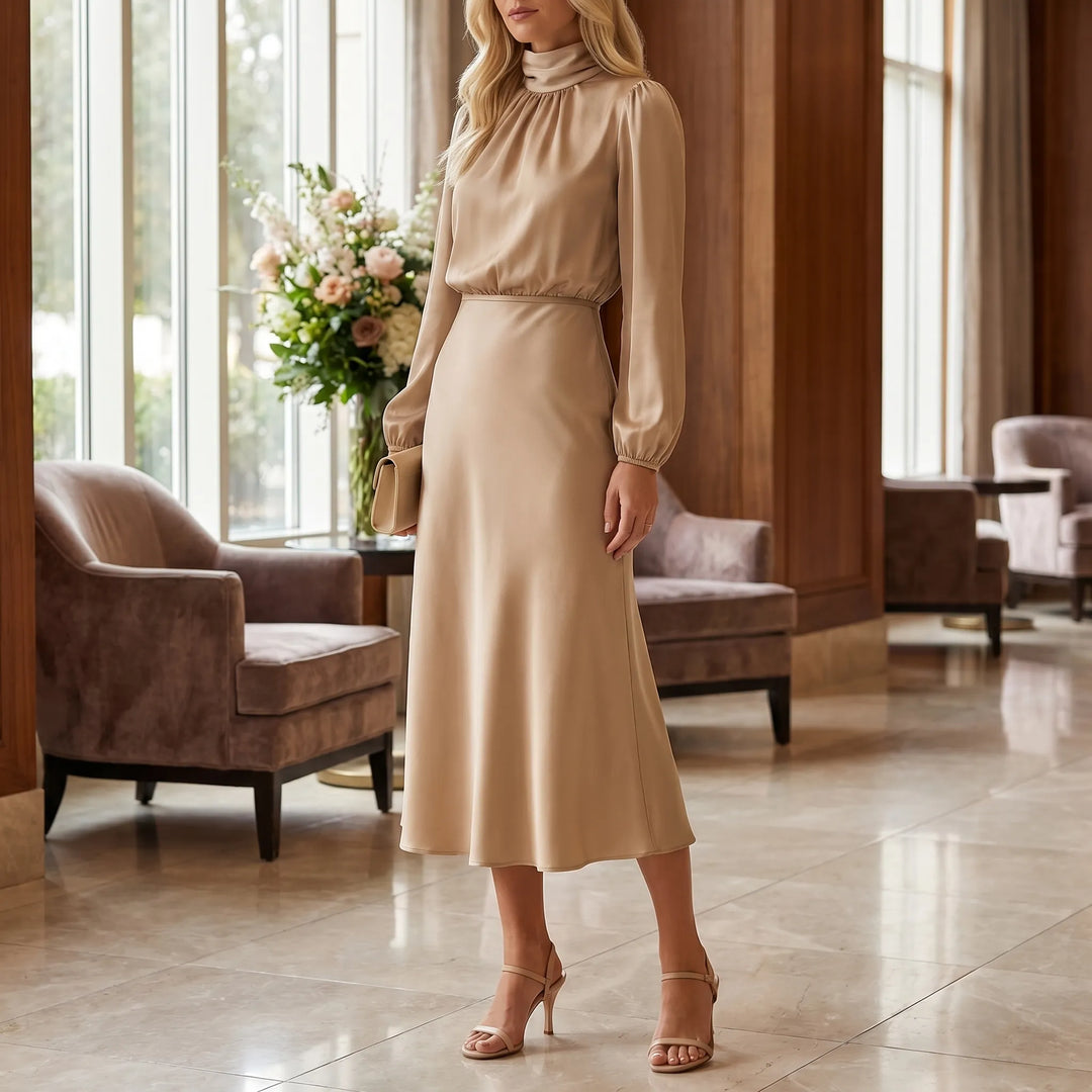 Women's Long Sleeve High Neck Midi Dress - Elegant Evening
