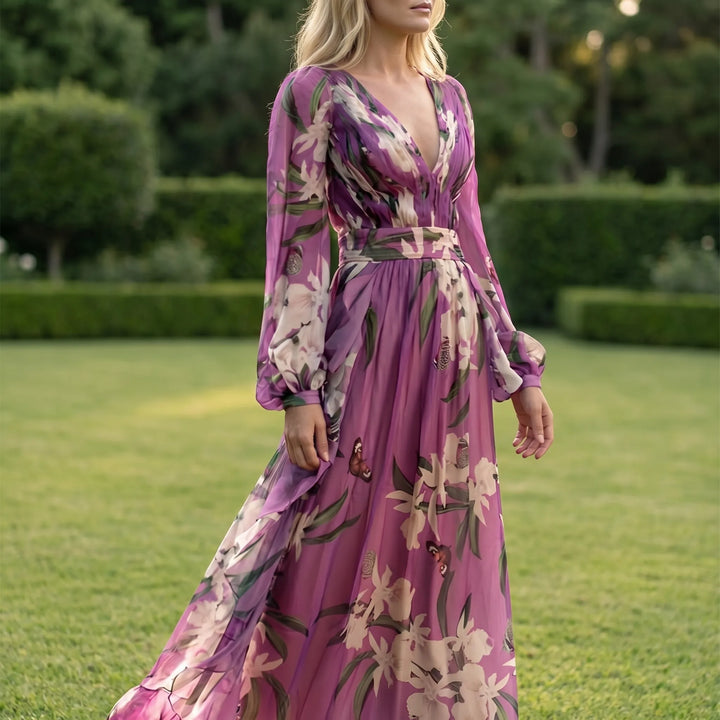Women's Floral Maxi Dress - V Neck with Long Sleeve for Evening