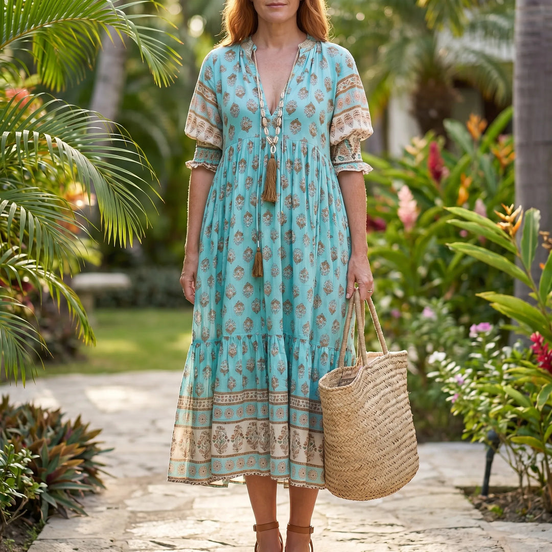 Women's Summer Printed Midi Dress - Boho Casual V Neck Loose Fit