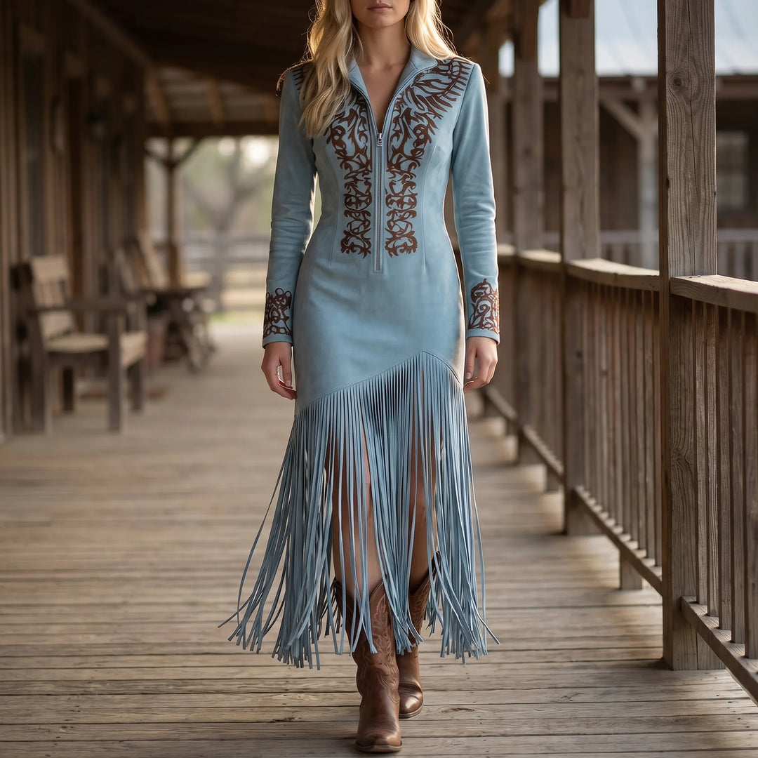 Women's Long Sleeve Maxi Dress - Fringe Hem with Embroidered Detail