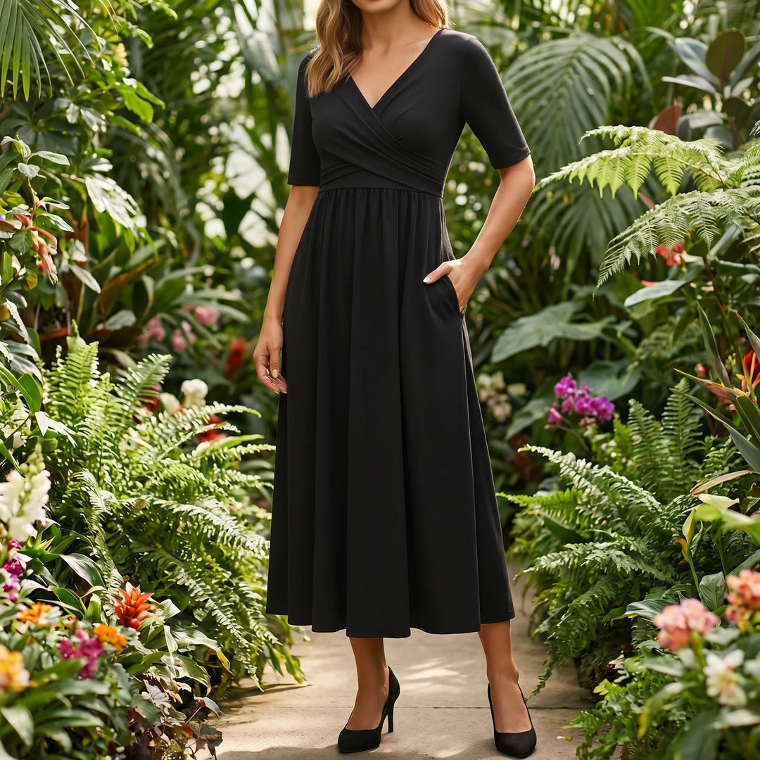 Women's V Neck Midi Dress - Wrap Bodice with Short Sleeve
