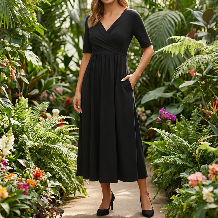 Women's V Neck Midi Dress - Wrap Bodice with Short Sleeve