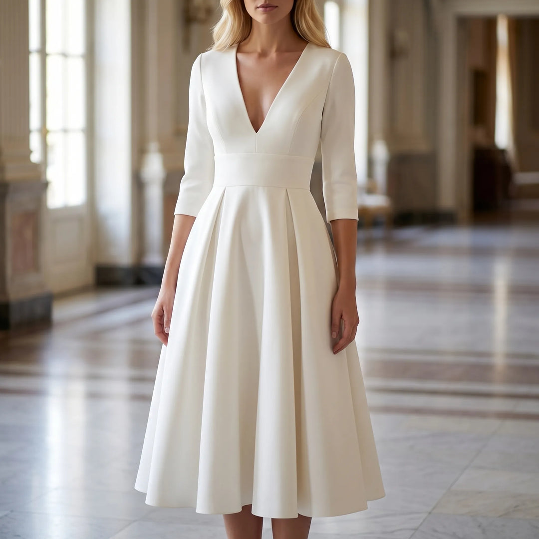 Women's Flared Midi Dress - Elegant V Neck for Wedding Guest