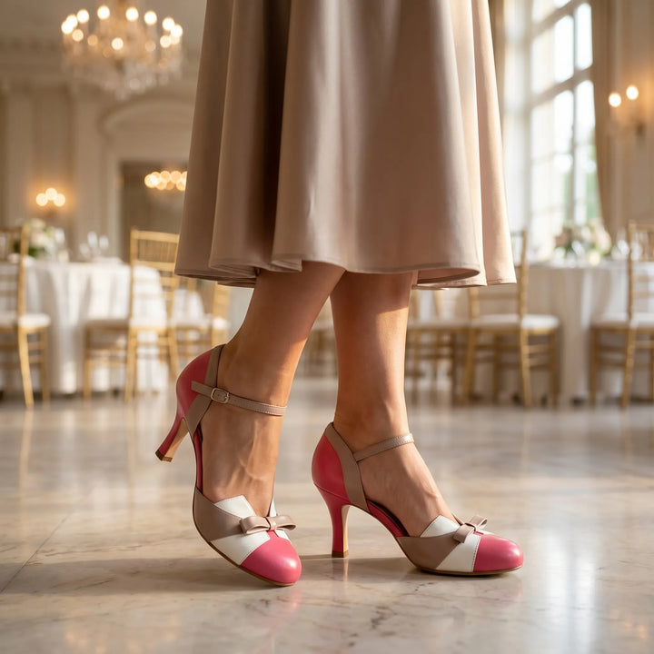 Women's Closed Toe Ankle Strap Heels - Dressy Bow Detail Mid Heel Pumps