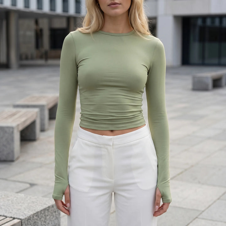 Women's Long Sleeve Crop Top - Ruched Fitted Tee for Summer