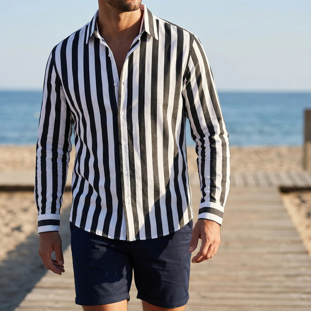 Men's Striped Long Sleeve Shirt - Casual Summer Button Down