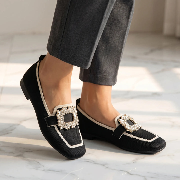 Women's Elegant Slip On Loafers - Square Toe with Buckle Detail