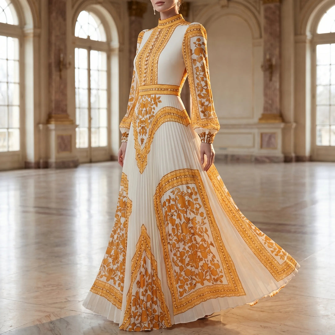 Women's Long Sleeve Pleated Maxi Dress - Formal Evening Gown