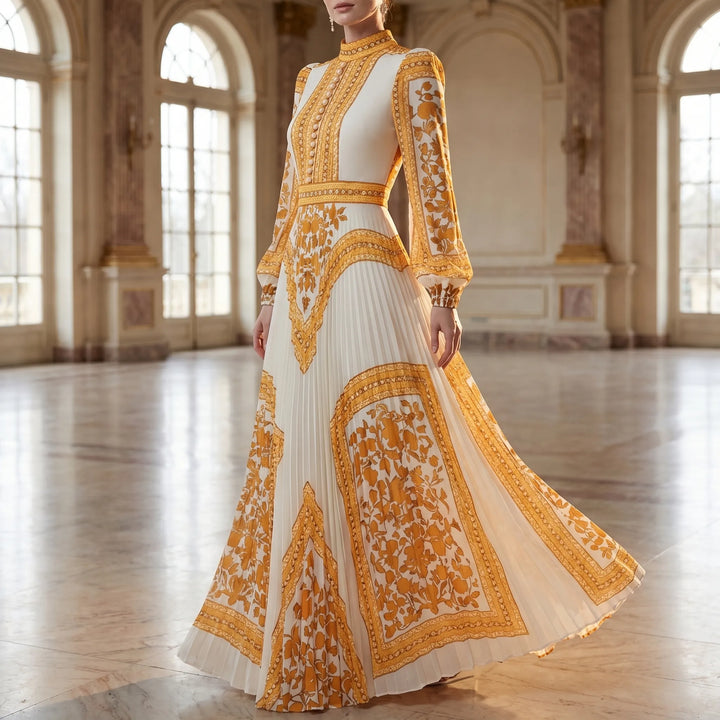 Women's Long Sleeve Pleated Maxi Dress - Formal Evening Gown