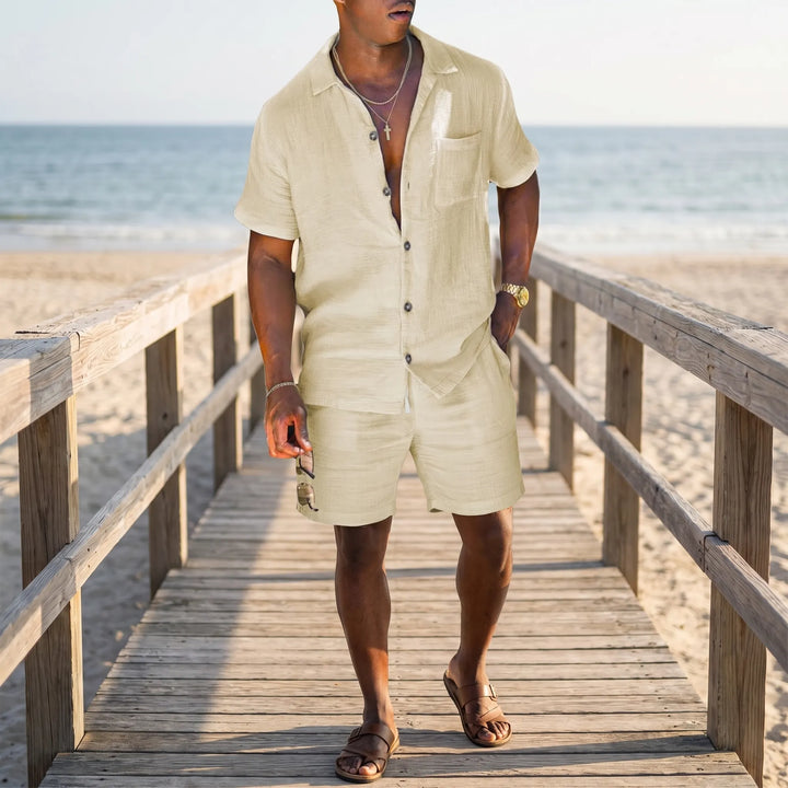 Men's 2 Piece Linen Set - Summer Shirt and Shorts for Beach