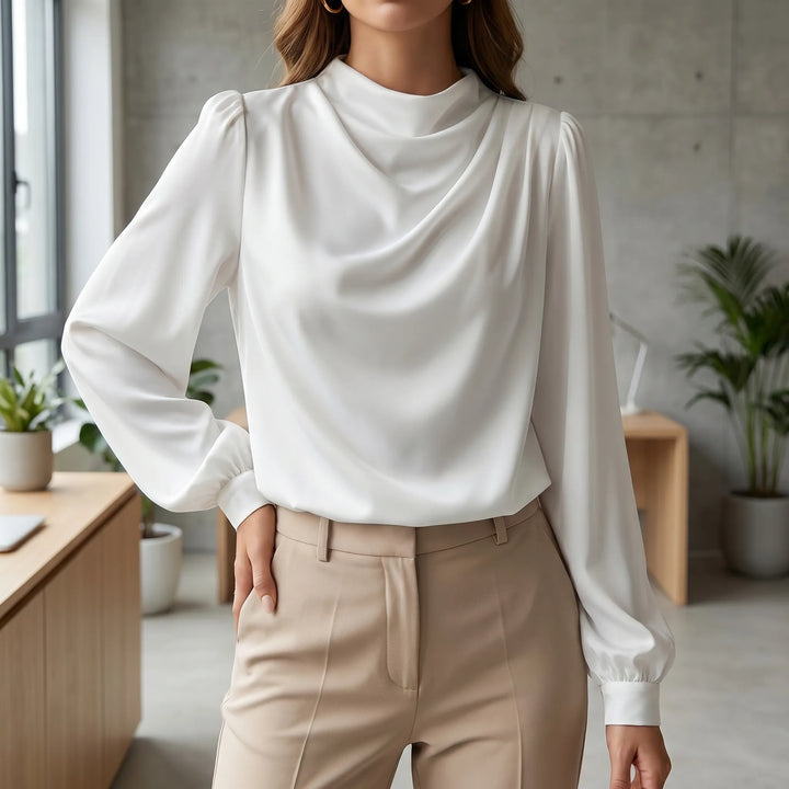 Women's Satin Draped Blouse - Elegant Long Sleeve Work Top