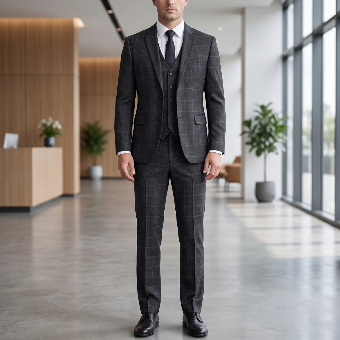 Men's Windowpane 3 Piece Plaid Suit - Blazer Vest and Pants for Work