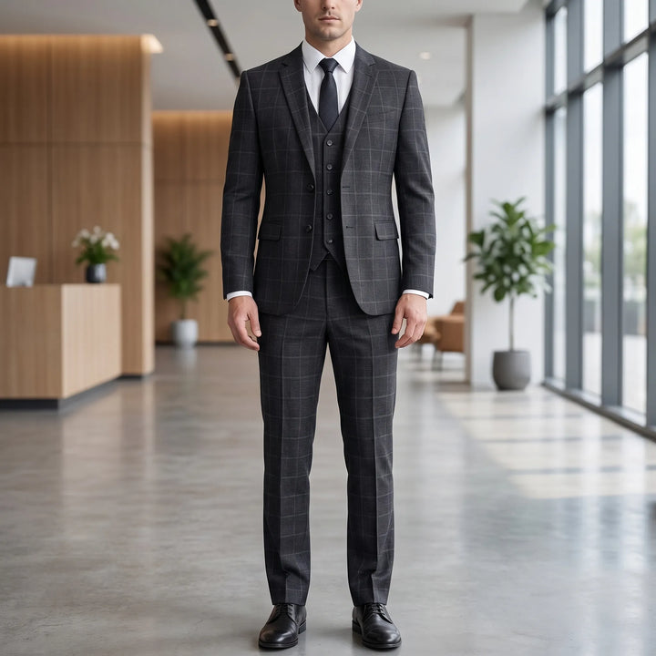 Men's Windowpane 3 Piece Plaid Suit - Blazer Vest and Pants for Work