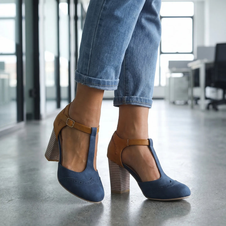 Women's Elegant T Strap Block Heels - Closed Toe for Work